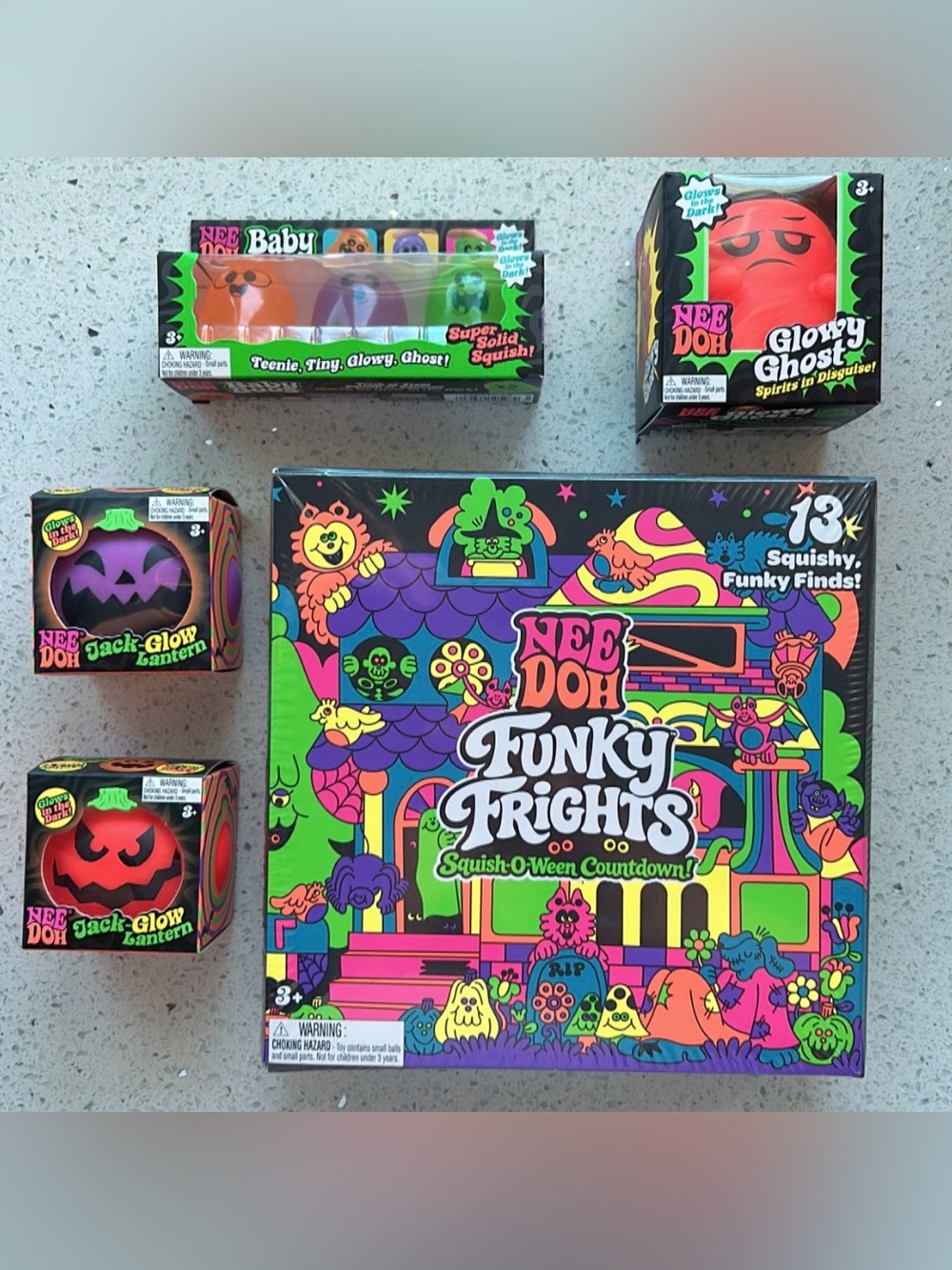 NeeDoh Funky Freights Wednesday Glowy Ghost Jack o Lanterns